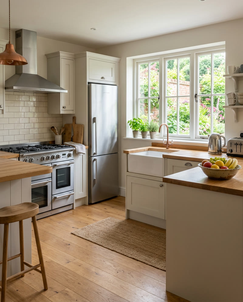 Range cooker and fridge freezer in a farmhouse kitchen
